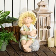 Outsunny Statuetka Ogrodowa Chłopiec w Słomkowym Kapeluszu 43cm Dekoracja do Ogrodu | Aosom PL