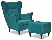 Fotel Uszak z pufką zielononiebieski morski TURKUS