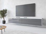 Nowoczesna szafka RTV 180 cm do salonu z LED – 2-drzwiowa, bezuchwytowa, korpus biały mat, fronty szary połysk, stojąca lub wisząca