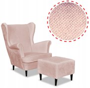 Fotel uszak Bella z podnóżkiem róż welur plusz