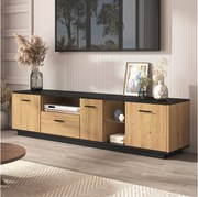 Szafka RTV 180 cm - 3 drzwi, 3 wnęki i 1 szuflada - diody LED - kolory naturalny i czarny