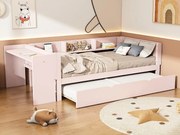 Łóżko wysuwane 90 x 200 cm + 90 x 180 cm z biurkiem i 3 półkami - lite drewno sosnowe - stelaż z listew - różowe