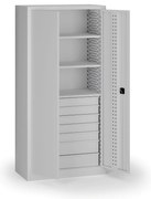 Szafa warsztatowa, 3 półki + 7 szuflad, 1950 × 950 × 500 mm, szare drzwi