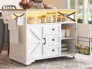 Mobilna centralna wyspa kuchenna - Blat rozsuwany - 120x71x98cm - z LED - 2 drzwi i 3 szuflady - otwarte półki - Biały