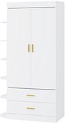 Szafa 2-drzwiowa z 2 szufladami i 6 półkami - szer. 100 cm - Biała i złota - GRIMORI