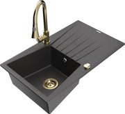 Mexen Cesar zlewozmywak granitowy 1-komorowy z ociekaczem i baterią kuchenną Elia, czarny nakrapiany - 6514-76-670101-50