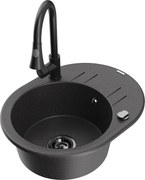 Mexen Kevin zlewozmywak granitowy 1-komorowy z ociekaczem i baterią kuchenną Elia, czarny nakrapiany - 6517-76-670101-70-B