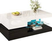 Stolik kawowy błyszczący - 90 x 45 x 35,5 cm - z diodami LED + półka szklana - płyta wiórowa - biały + czarny