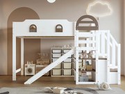 Łóżko mezzanine 90x200cm - z oknem - ze zjeżdżalnią - schody z poręczą - drewno lite + MDF - biały + brązowy