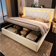 Łóżko tapicerowane dwuosobowe ze schowkiem - 160 x 200 cm - zagłówek z diodami LED + porty USB i typu C - hydrauliczny schowek - aksamit - beż