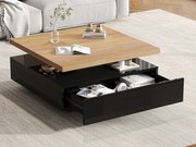 Kwadratowy stolik kawowy obrotowy 360° - 70x70x36cm - 1 szuflada - Konstrukcja dwupoziomowa - Czarny + kolor naturalny