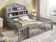 Łóżko dziecięce 140x200cm z drewna - z półkami i siatką ochronną - z stelażem na listwy - Szare