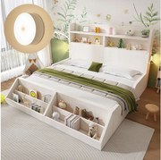 Łóżko dziecięce - 140 x 200 cm - z zagłówkiem ze schowkiem + wyjmowaną półką + stelażem - drewno - białe