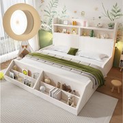 Łóżko dziecięce - 140 x 200 cm - z zagłówkiem ze schowkiem + wyjmowaną półką + stelażem - drewno - białe