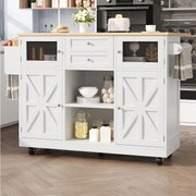 Wyspa centralna na kółkach - 140 x 40 x 93,5 cm - z blatem roboczym + 2 drzwi + 2 szuflady - MDF - biała