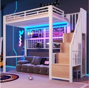 Łóżko antresolowe z ramą żeliwną - 90 x 200 cm - z szafą + drabinką + diodami LED - metal + płyta MDF - białe