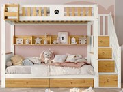 Łóżko piętrowe z schodami do przechowywania - 90x200cm - 4 schowki w schodach i 2 szuflady pod łóżkiem - z stelażem na listwy - Białe