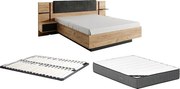 Łóżko z szafkami nocnymi 140 x 190 cm - Z diodami LED - Kolor: Naturalny i antracyt + Stelaż + Materac - ELYNIA