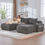 Sofa modułowa 3-osobowa - 268 x 174 x 80 cm - z 2 pufami + uchwytami na kubki + kieszenią do przechowywania - aksamit - ciemnoszary