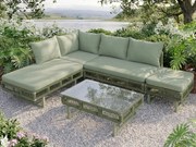 Salon ogrodowy - 4 osoby - kanapa narożna - z żelaza ocynkowanego - 1 stolik kawowy ze szkła hartowanego - podnóżek - zdobienie plecione - Zielony