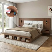 Łóżko podwójne ze schowkiem - 180 x 200 cm - z portami USB i Type-C + lampka do czytania + 2 szafki nocne - MDF - brązowe