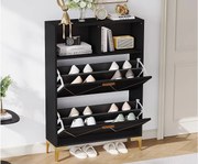 Szafa na buty 80x25x117 cm - z 2 drzwiczkami uchylnymi - z 2 półotwartymi półkami - MDF + Metal - Czarny