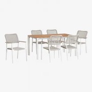 Zestaw Stół Prostokątny Z Aluminium I Drewna Tekowego (160x90 Cm) Katiana I 6 Krzeseł Z Aluminium I Plecionej Liny Nediam Biała - Sklum