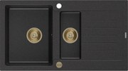 Mexen Matias zlewozmywak granitowy 1,5-komorowy z ociekaczem 900 x 505 mm, czarny/srebrny metalik, syfon złoty - 6502901505-73-G