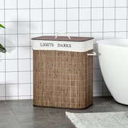 HOMCOM Kosz na Pranie 100L Bambus Poliester Bawełna z 3 Uchwytami Brązowy Biały 52x32x63cm | Aosom PL