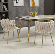 Krzesło do jadalni z aksamitu, plecione oparcie w kształcie półkola, złote metalowe nogi – kość słoniowa