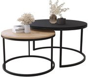 Komplet 2 Czarny Okrągłych Stolików Kawowych + Dąb Artisan L4-S86