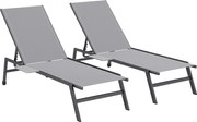 Outsunny Zestaw 2 Leżaków Ogrodowych z 5-stopniowo Regulowanym Oparciem, Bocznym Stolikiem, Kółkami, Antypoślizgowe Nogi Szary | Aosom PL