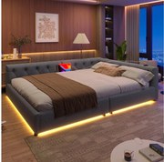 Sofa rozkładana - 140 x 200 cm - ze światłami LED + tapicerowany zagłówek + USB + typ C - len - szary