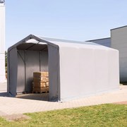 TOOLPORT 4x8m Hala namiotowa - 3,0 m wysokość ścian bocznych z bramą na zamek błyskawiczny i świetlikami dachowymi, PVC 850, szary, ze statyką (podłoże betonowe) - (94085)