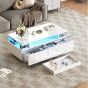 Stolik kawowy błyszczący - 90 x 45 x 35,5 cm - stolik kawowy z 2 szufladami + diody LED - płyta wiórowa - biały