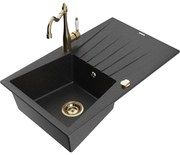 Mexen Cesar zlewozmywak granitowy 1-komorowy z ociekaczem i baterią kuchenną Carla, czarny/srebrny metalik - 6514-73-670700-50