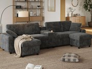 Nowoczesna narożna kanapa w kształcie U - z USB i Type-C - z 2 podnóżkami z funkcją przechowywania - z 2 uchwytami na kubki - welur żebrowany - Szary