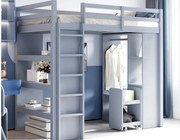 Łóżko antresolowe dziecięce 90×200 cm - z wieszakiem + schowkiem - z 1 mobilnym wózkiem na rzeczy - szare (materac nie jest dołączony)
