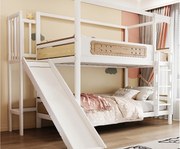 Łóżko piętrowe dziecięce 90x200 cm - z barierkami bezpieczeństwa - ze zjeżdżalnią - biały + kolor naturalny (materac nie jest wliczony w cenę)