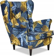 Fotel Uszak ZŁOTE LISCIE MONSTERY kobaltowy wzór