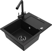 Mexen Enzo zlewozmywak granitowy 1-komorowy z ociekaczem i baterią kuchenną Duero, czarny - 6506-77-671600-70-B