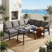 Zestaw mebli ogrodowych 6-osobowy - z plecionymi podłokietnikami i oparciami + narożnik + stolik - metalowy - szary