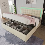 Łóżko tapicerowane z pojemnikiem na pościel, 140 x 200 cm, z podstawą z listew + oświetlenie LED + hydrauliczny schowek - PU - białe