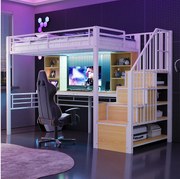 Łóżko piętrowe metalowe dla dzieci - 90 x 200 cm - z drabinką + półki + stolik + diody LED - białe