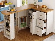 Rozsuwany i obrotowy mebel barowy - obrotowy - 228x39x104cm - z 2 drzwiami i 3 szufladami - z bocznymi półkami - Biały