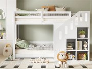 Łóżko piętrowe dla dzieci - 2x90x200 cm - z schowkiem w schodach i barierką - Białe (bez materaca)