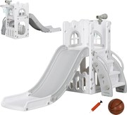 AIYAPLAY Zjeżdżalnia dla dzieci, 5 w 1, zjeżdżalnia dla maluchów z koszem do koszykówki, teleskopem, drabinką wspinaczkową Szary 70 x 177 x 92 cm | Aosom PL