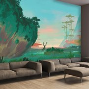 Fototapeta - Jeleń i krajobraz, malarstwo cyfrowe (196x136 cm)