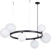 Bolero 72 -lampa wisząca do salonu nad okrągły stolik, czarna obręcz, sześć białych kloszy