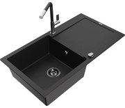 Mexen Leo zlewozmywak granitowy 1-komorowy z ociekaczem i baterią kuchenną Flora, czarny - 6501-77-670401-07-B